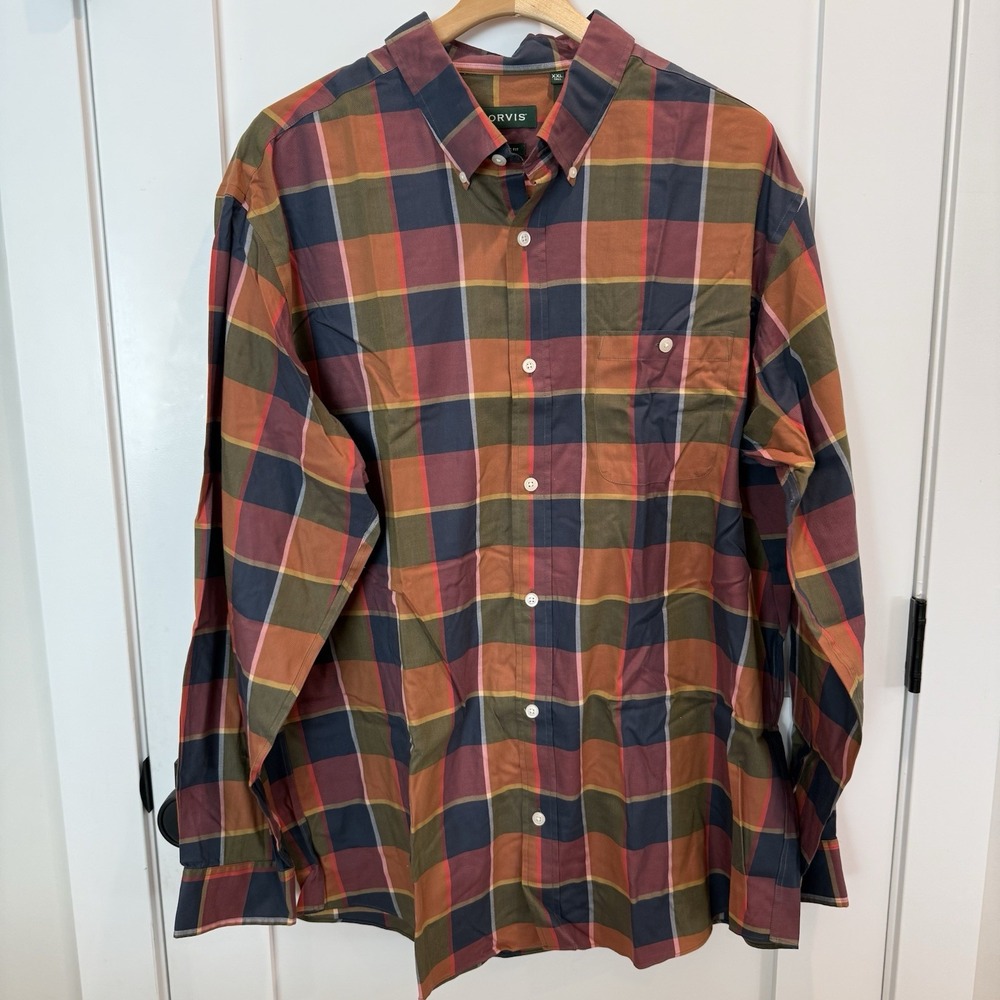 Orvis Size Men's XXL TALL Multi Color Plaid Button Down Shirt Cotton Blend